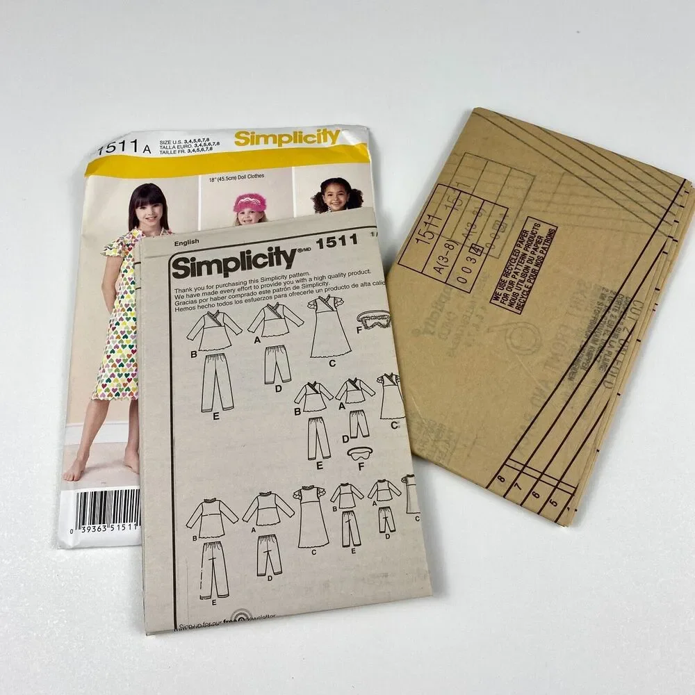 Simplicity 1511 Sewing Pattern Girls Clothing Sz 3-8 & 18 Inch Doll UNCUT FF